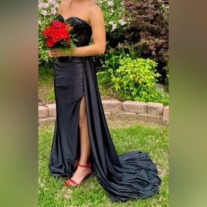 Strapless Black Satin Prom or Formal Dress